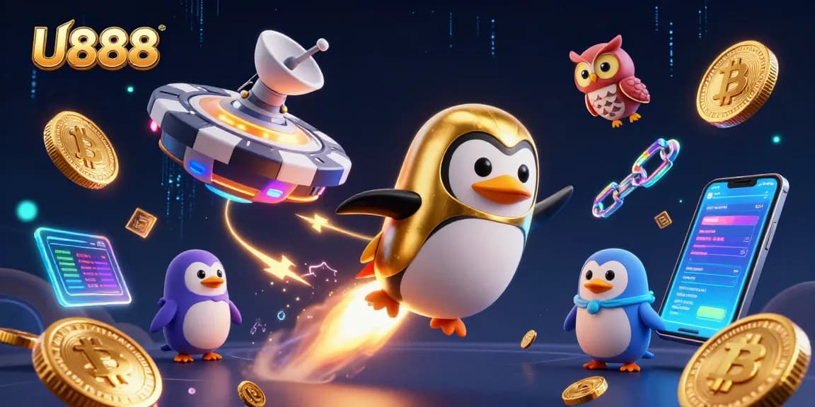 Experience U888's thrilling crypto casino adventure with a golden penguin soaring towards exciting games!