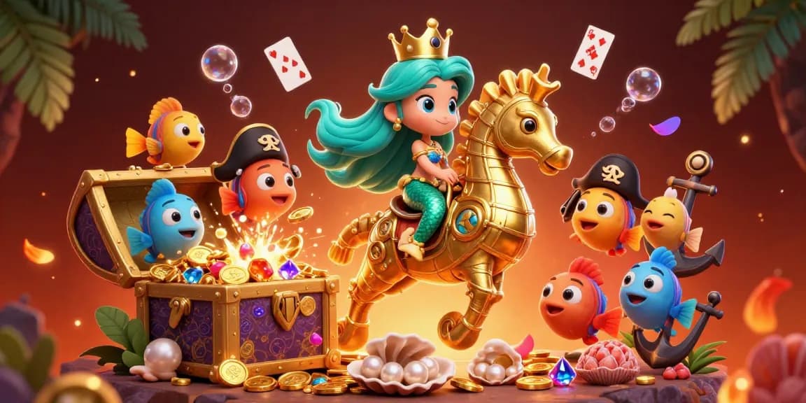 K88 casino scene with a mermaid and seahorse amidst treasure and cards, showcasing gaming excitement.
