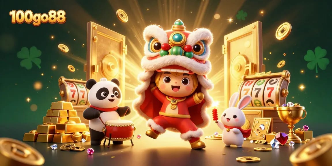 Engage with 100go88 in this vibrant 3D illustration showcasing the excitement of casino games with dynamic characters and elements.