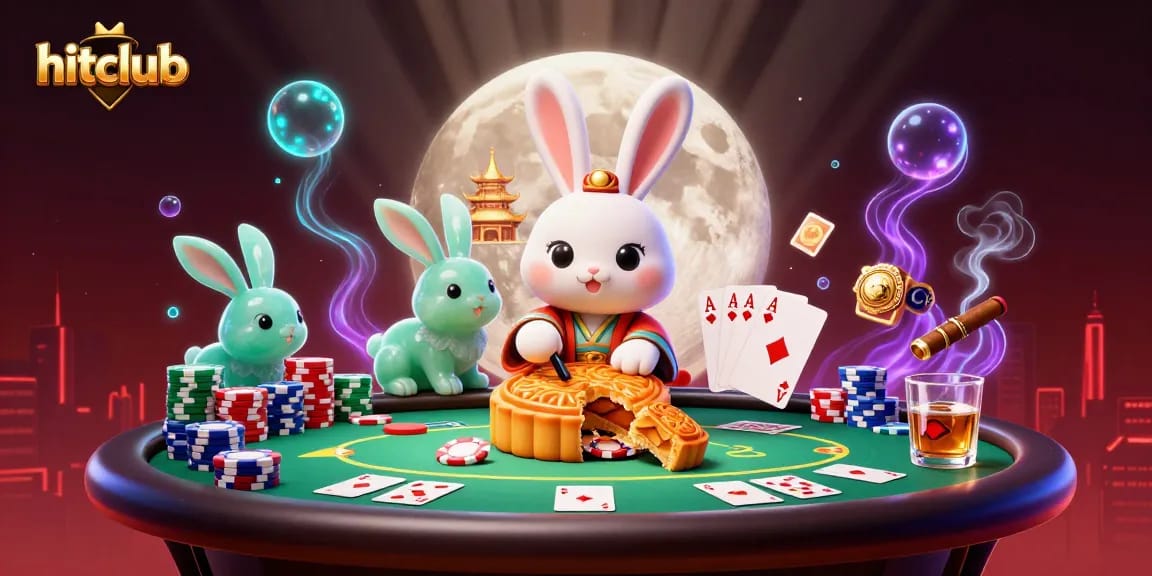 Engage with the hitclub scene featuring a moon rabbit, poker chips, and vibrant casino elements.