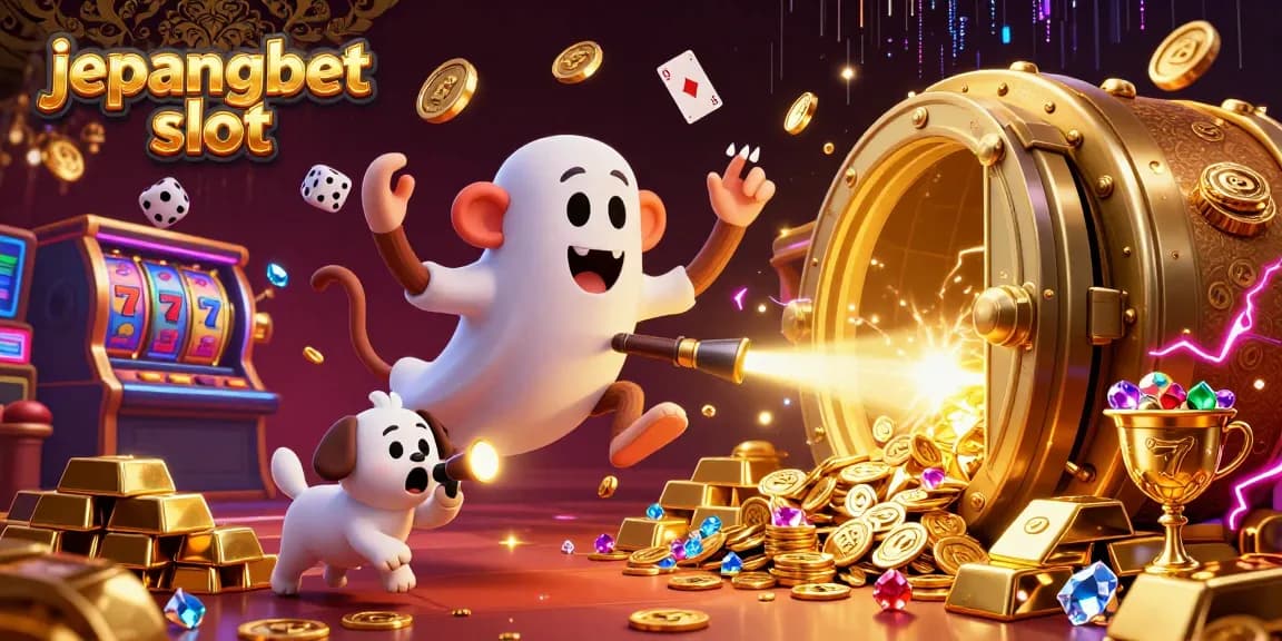 Experience the thrill of jepangbet slot with a lively haunted casino scene featuring a juggling monkey and curious puppy.