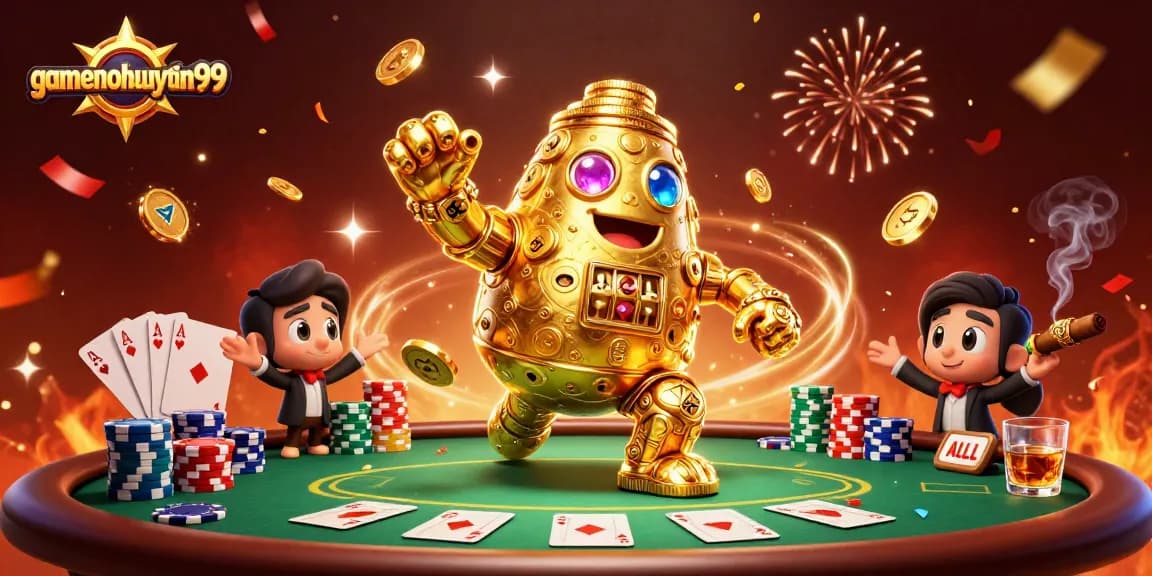 Experience thrilling poker action at gamenohuuytin99 with a lively 3D illustration of gaming excitement.