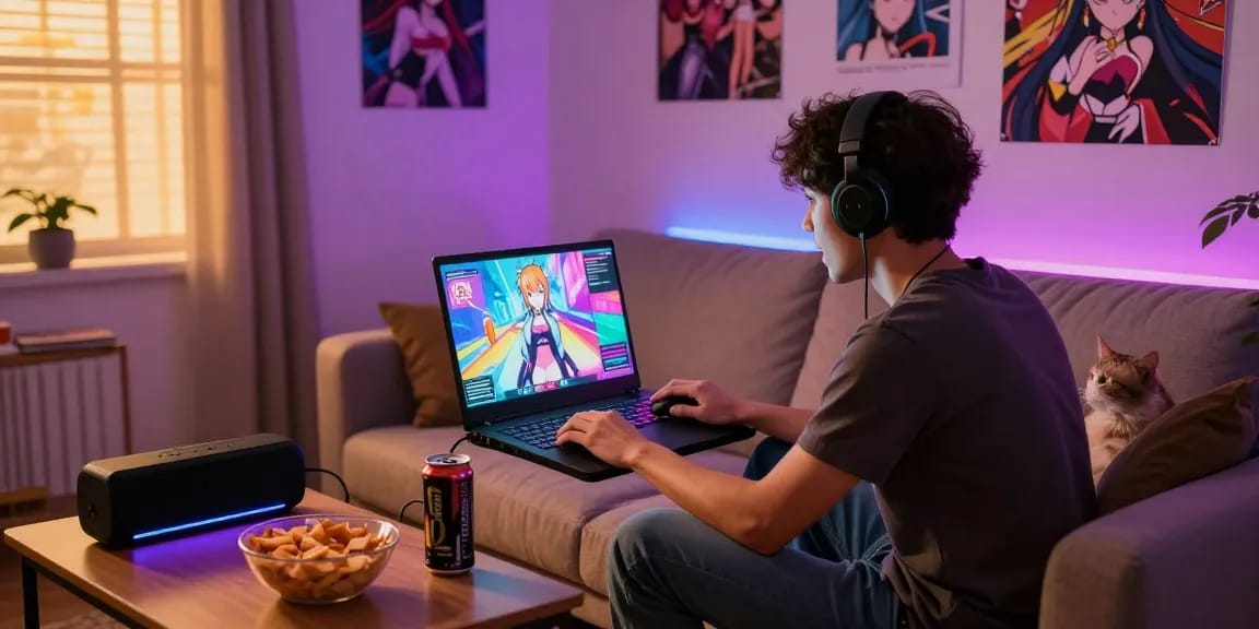 Engaged gamer playing a real ecchi game on a laptop in a cozy living room.