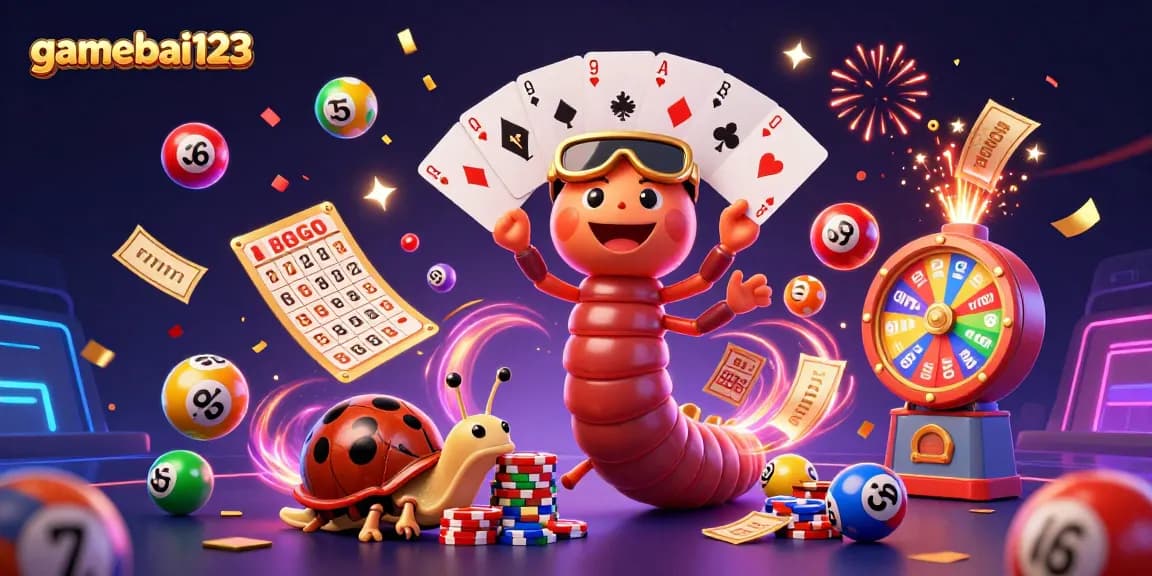 Experience thrilling gameplay at gamebai123 with a vibrant casino scene featuring whimsical characters and dynamic elements.