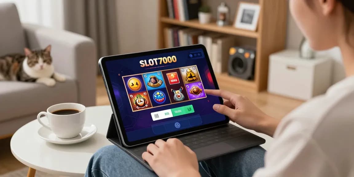 User enjoying SLOT7000 on a tablet in a cozy living room, showcasing modern online gambling and QRIS functionality.