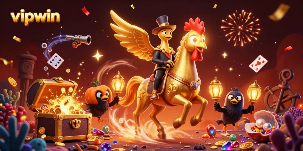 Experience thrilling gaming adventures at vipwin, with vibrant visuals of a golden rooster in a casino.