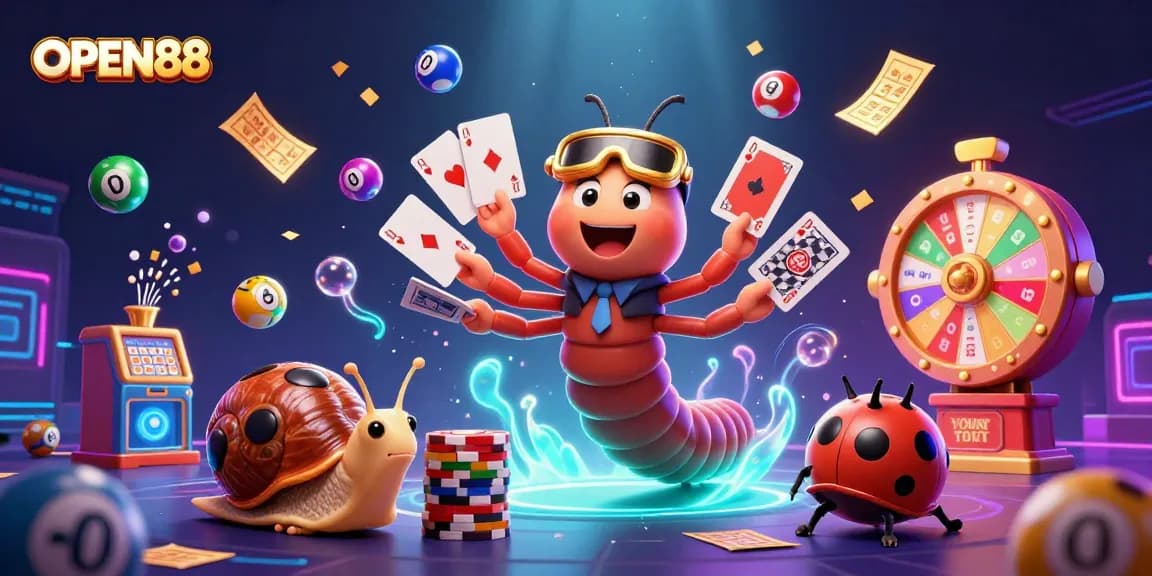 Experience the excitement at OPEN88 with a vibrant 3D casino illustration filled with colorful game elements.