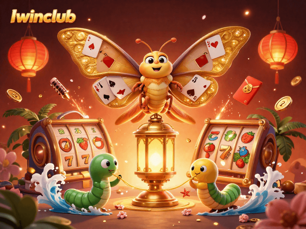 Iwinclub showcases a vibrant 3D casino scene featuring a majestic moth and gold elements.