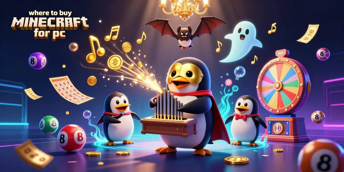 Engage in the excitement of where to buy minecraft for pc with vibrant lottery balls and golden musical notes.