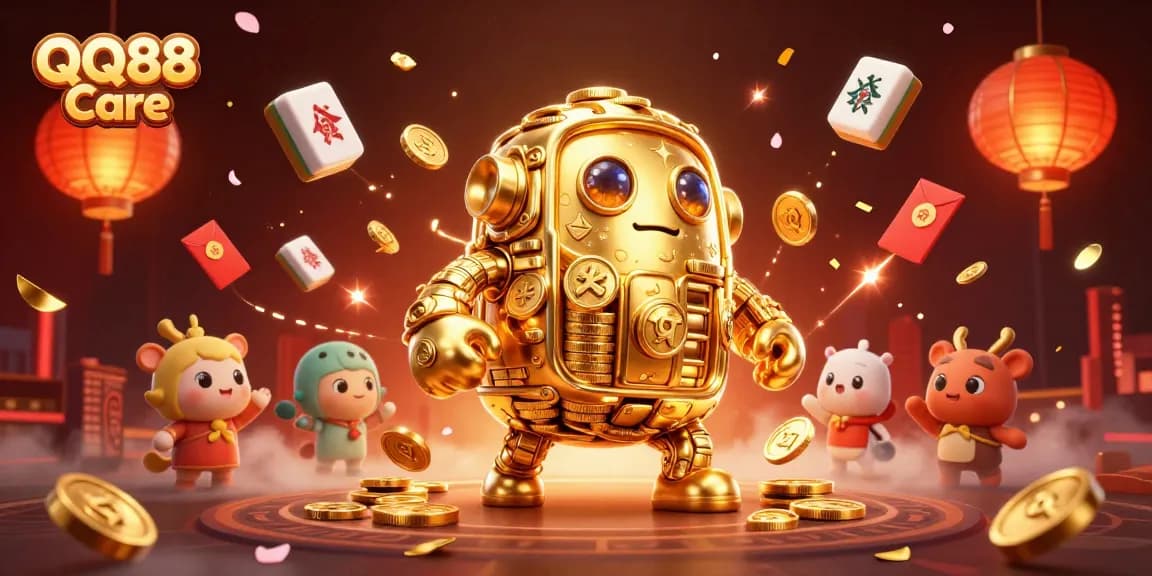 Experience thrilling gaming action with QQ88 Care and its animated golden golem and vibrant casino elements.