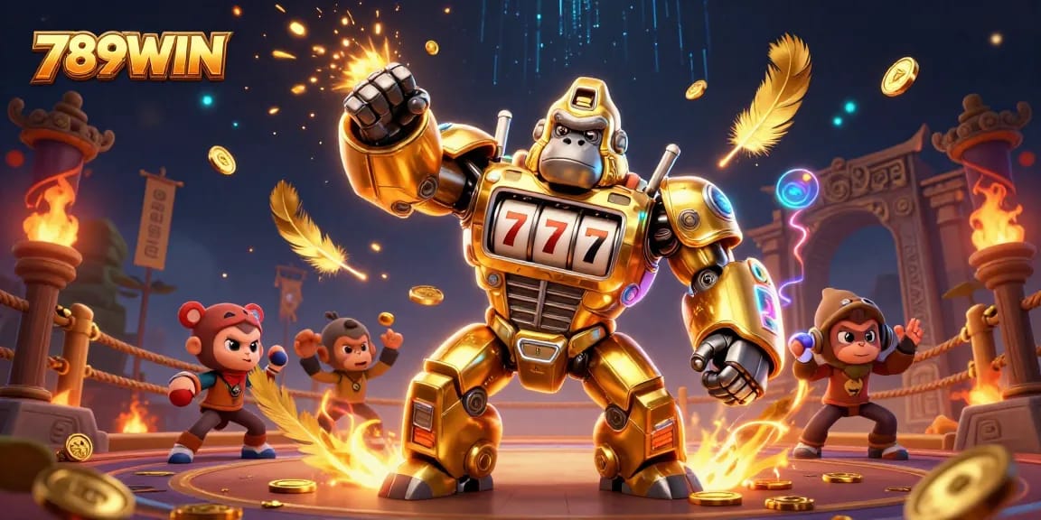 Experience excitement at 789WIN with a vibrant 3D scene of a golden gorilla mech triumphantly punching upwards.