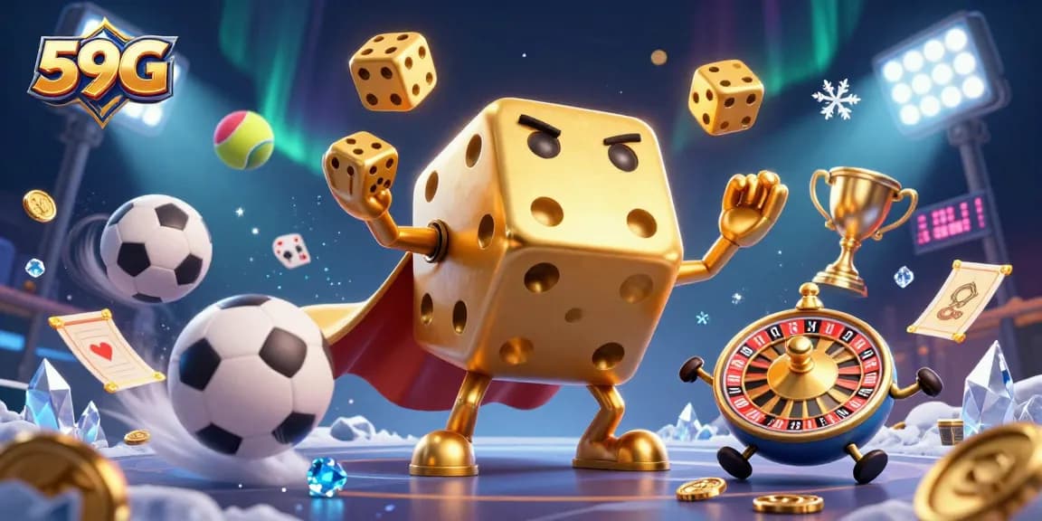 Experience thrilling sports betting at 59G with dynamic casino-themed 3D illustration.