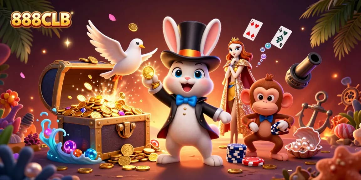 Win big at 888CLB with colorful casino-themed elements in this festive illustrated scene.