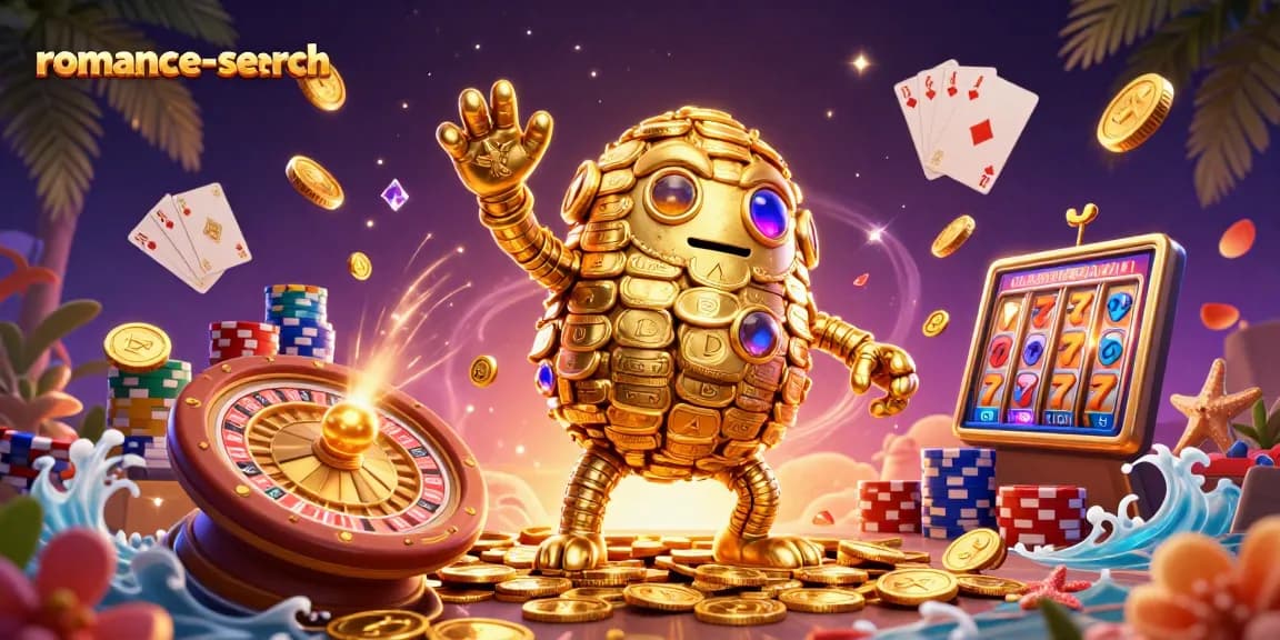 Spin the reels in style with the romance-search themed 3D casino illustration featuring jackpots and vibrant slot symbols.