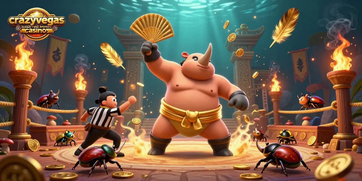 Experience the excitement of crazyvegas aussie real money casinos as a sumo beetle champion wins with flying coins.