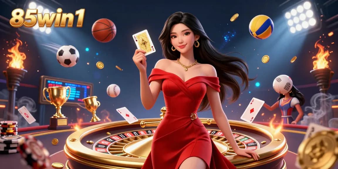 Experience the excitement of 85win1 with a stunning casino scene featuring a beautiful young woman and dynamic gaming elements.