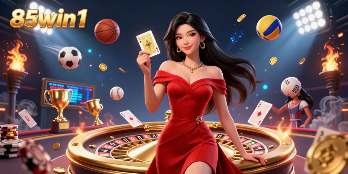 Experience the excitement of 85win1 with a stunning casino scene featuring a beautiful young woman and dynamic gaming elements.