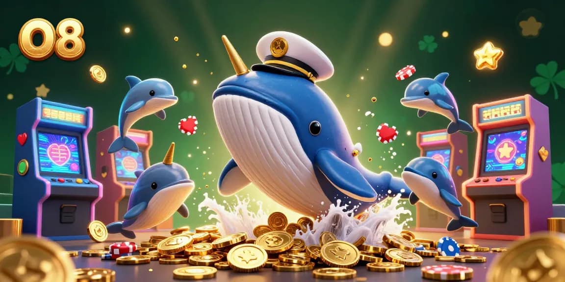 Experience the thrill of O8 with a dynamic casino scene featuring playful aquatic characters and vibrant gaming elements.