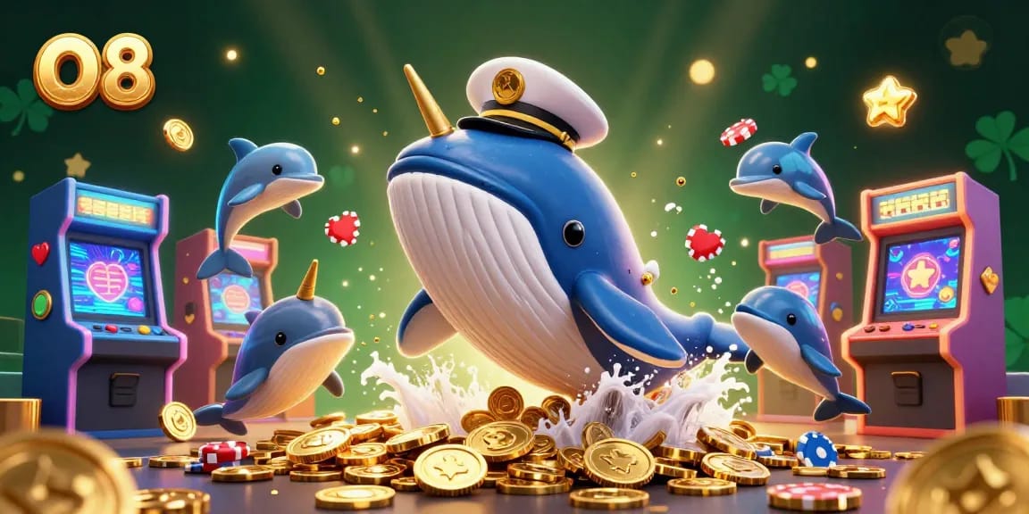 Experience the thrill of O8 with a dynamic casino scene featuring playful aquatic characters and vibrant gaming elements.
