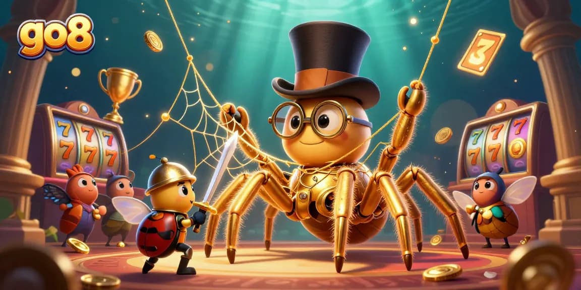 Experience the thrilling gameplay at go8 with a vibrant casino scene featuring golden creatures and slot elements.