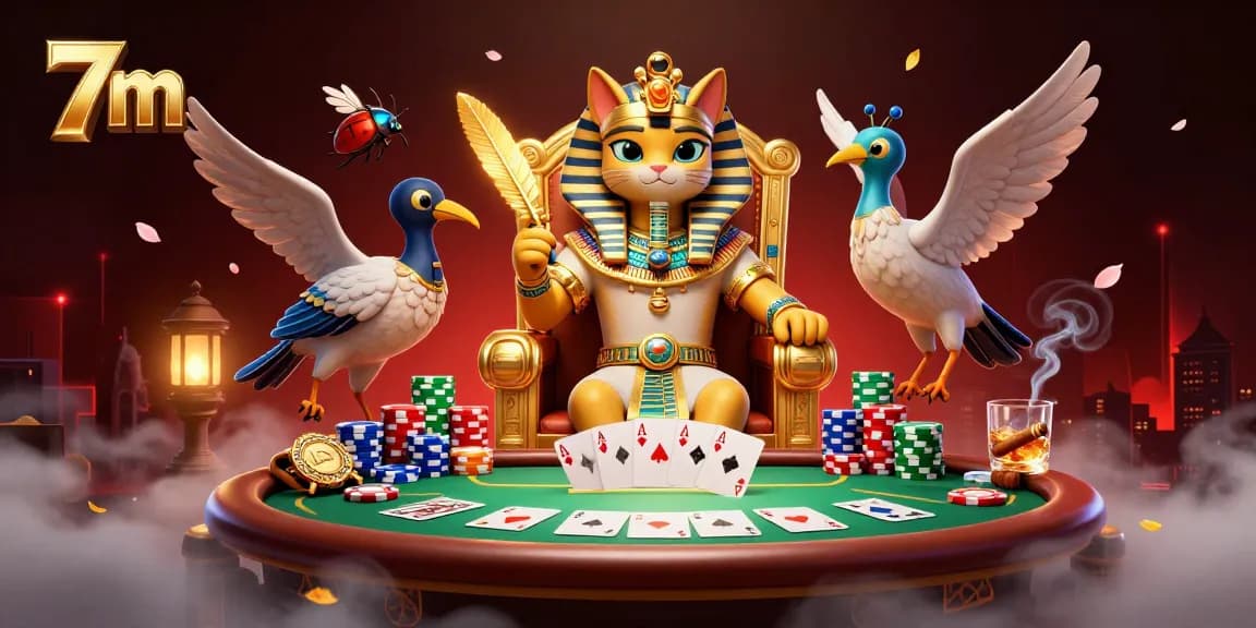 Engage in thrilling poker action with 7m as cartoon Egyptian pharaoh cat and scribe captivate the scene.