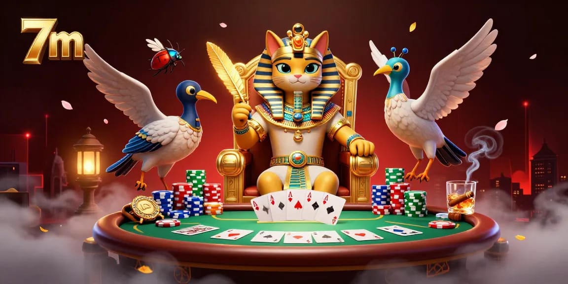Engage in thrilling poker action with 7m as cartoon Egyptian pharaoh cat and scribe captivate the scene.