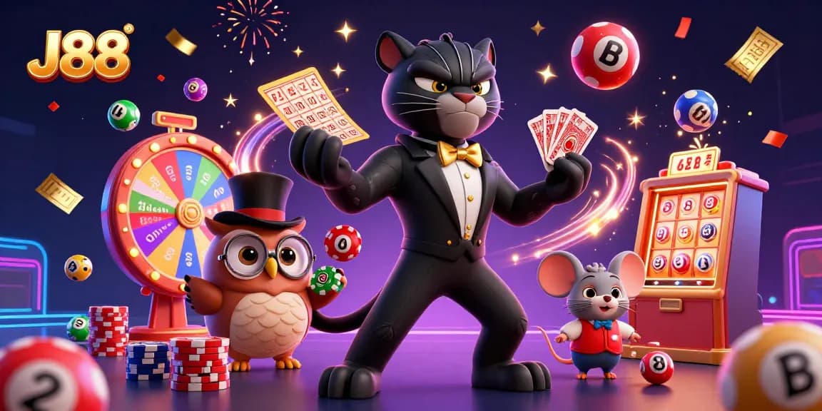 Join the excitement at J88 with a stylish panther dealer and colorful lottery elements.