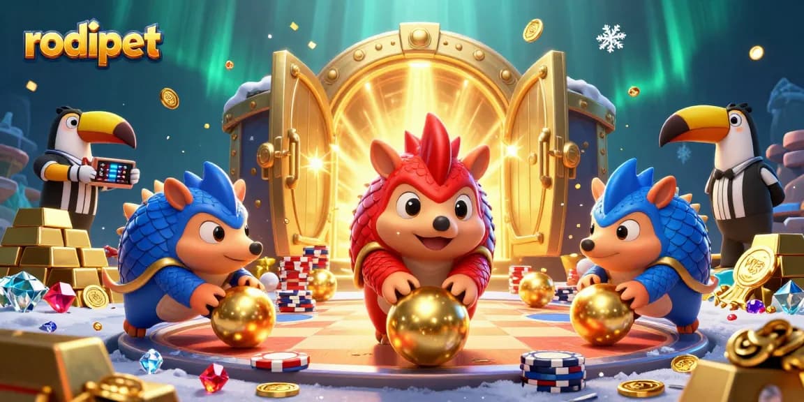 Rodipet pangolins compete in a dynamic casino scene, bowling through poker chips and golden treasures.