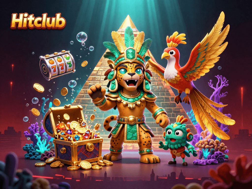 Hitclub engages players with a Mayan theme featuring vibrant slot reels and a treasure-filled underwater scene.