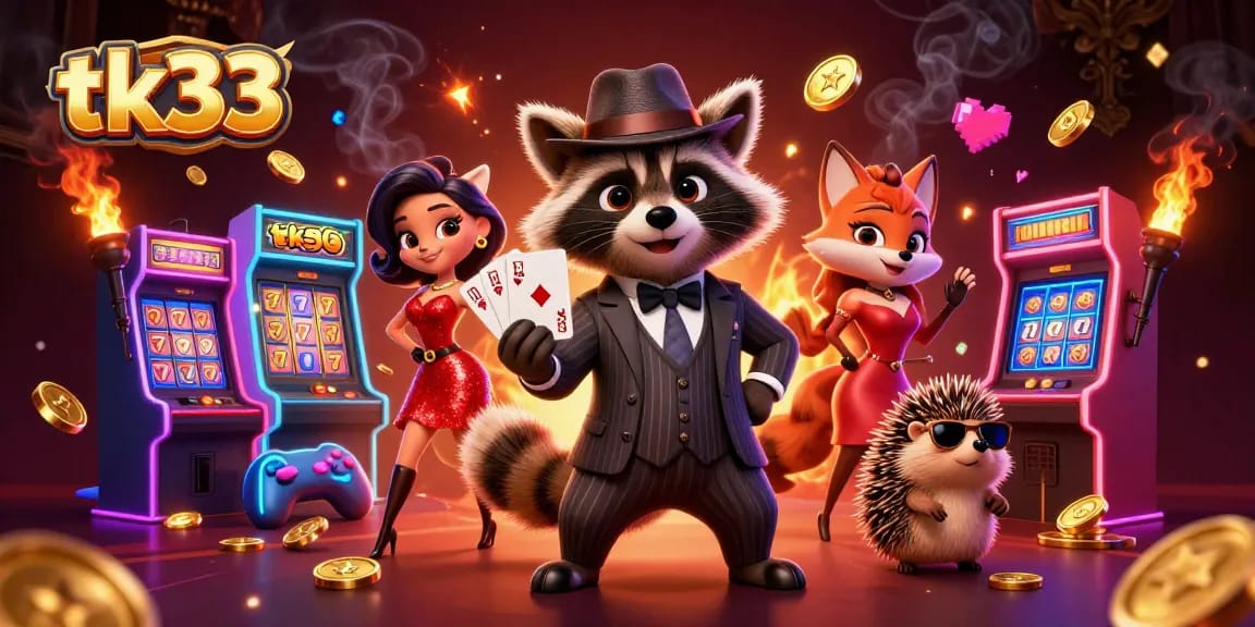 tk33 promotes excitement with a raccoon, fox, and hedgehog playing casino games.