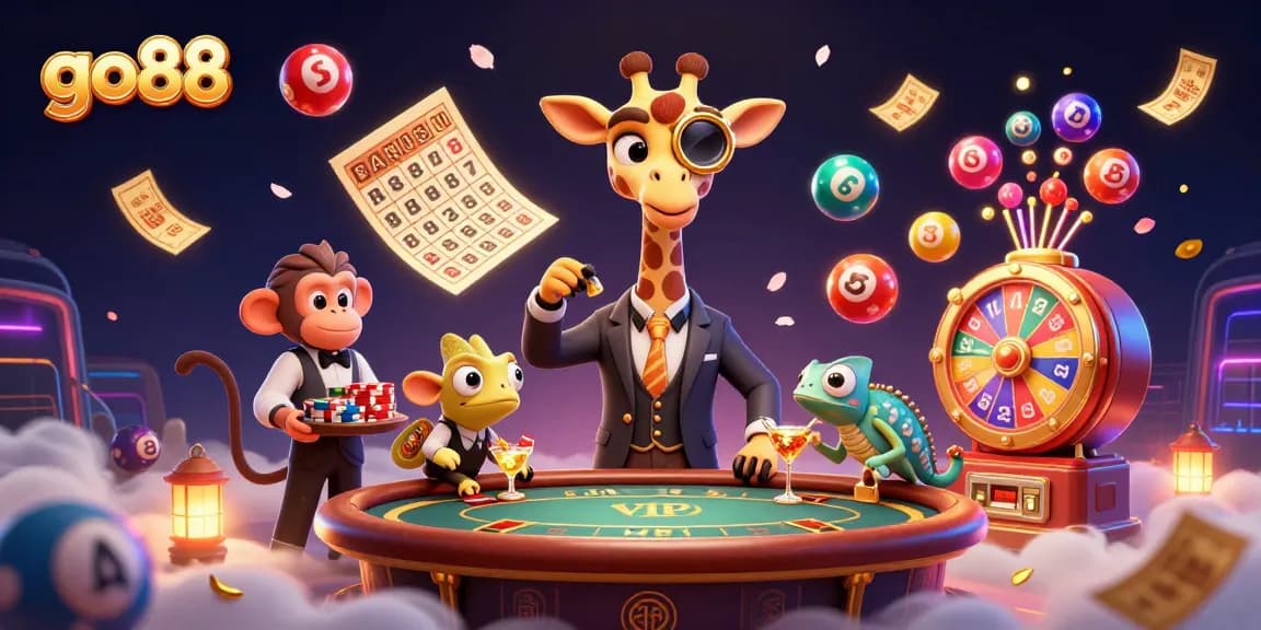Engage in thrilling gameplay with go88 featuring a stylish giraffe at a poker table amidst vibrant lottery elements.