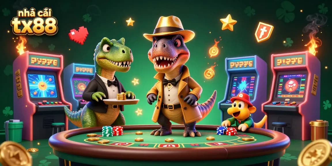 Engage in thrilling gameplay at nhà cái tx88 with a lively cartoon scene of a velociraptor, a stegosaurus, and a compy at a blackjack table.