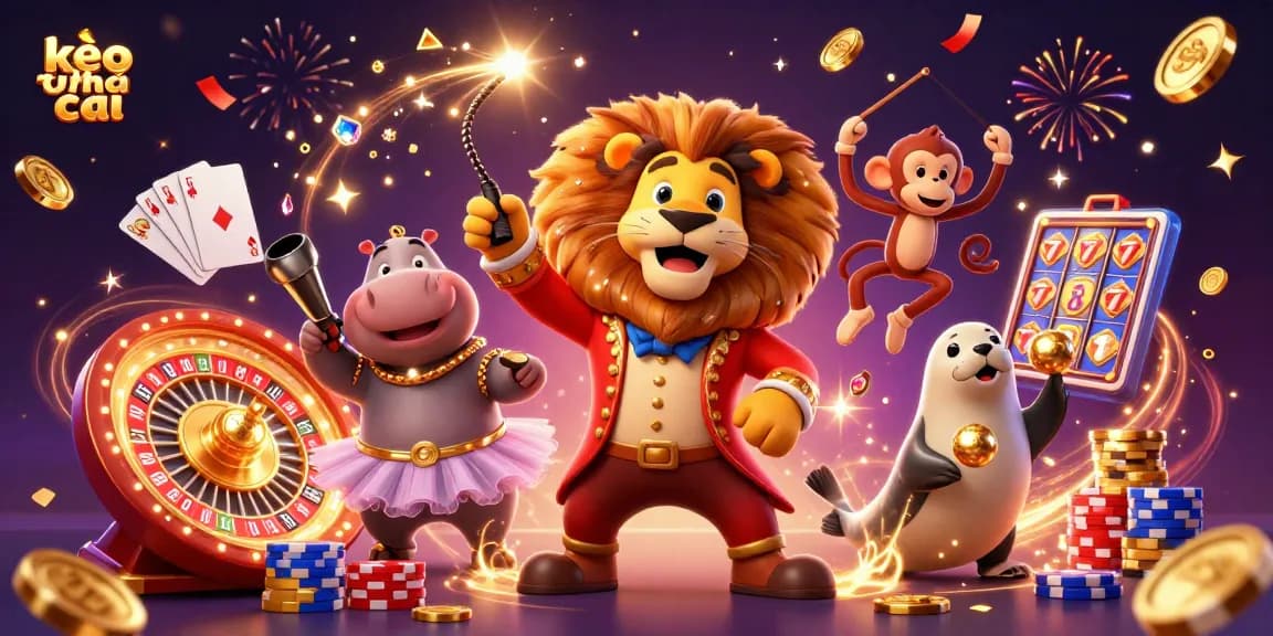 Experience kèo nhà cái with playful circus-themed characters, vibrant casino elements, and dynamic action.