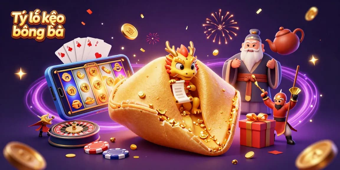 Tỷ lệ kèo bóng đá shines in this dynamic scene showcasing a golden fortune cookie and gaming elements.