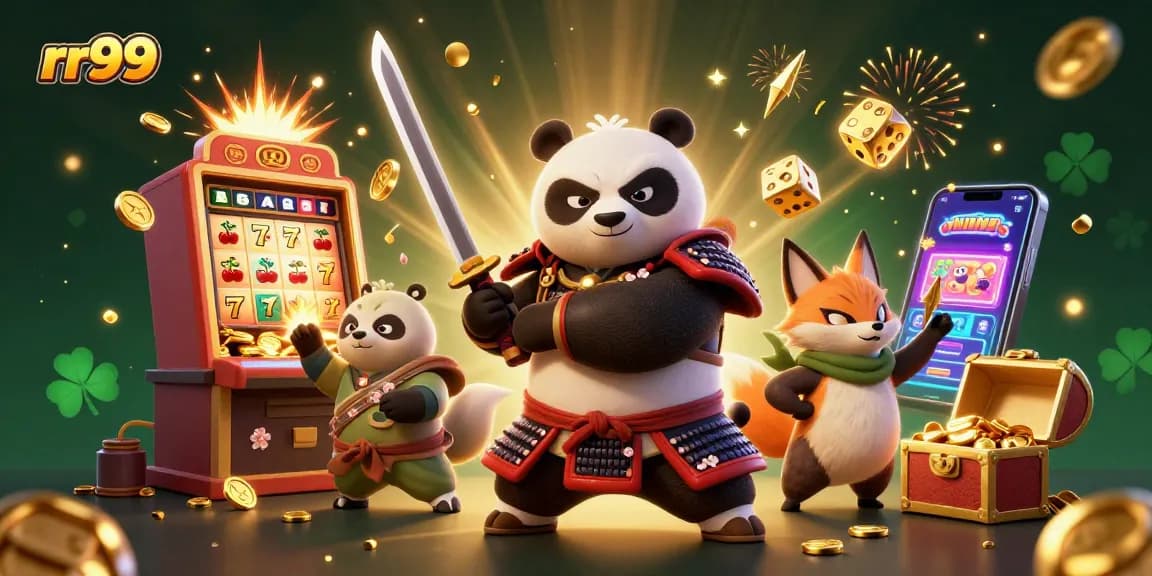 Experience the thrilling excitement of rr99, where playful characters meet vibrant casino elements in a dynamic illustration.