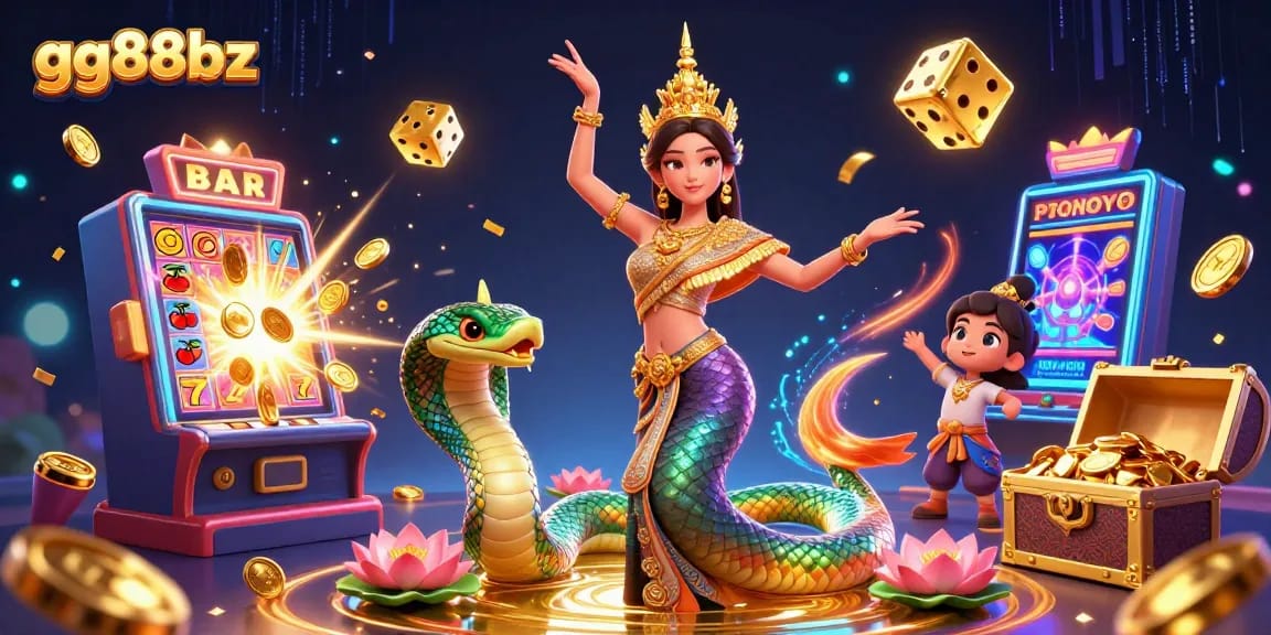 Join the excitement at gg88bz with a vibrant casino scene featuring a slot machine and jackpot celebration.