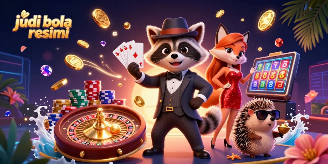 Experience judi bola resmi with a charming raccoon, sparkling coins, and vibrant characters.