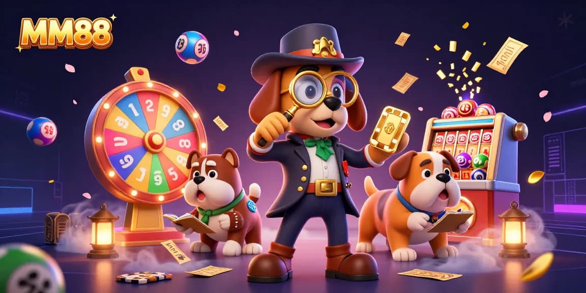 Engage with MM88 as a detective explores casino treasures amidst colorful lottery and prize elements.