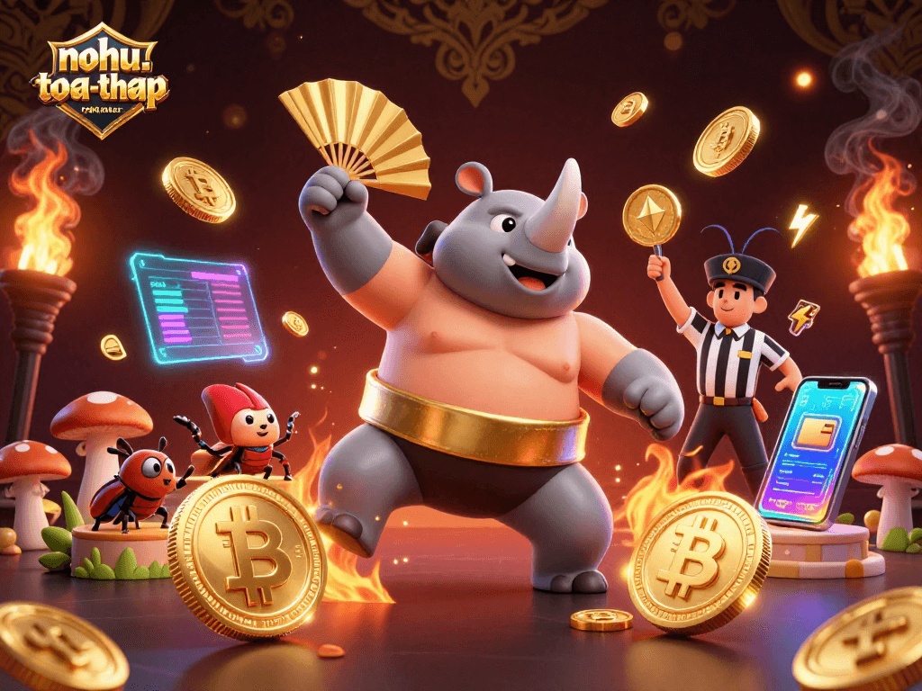 Join the excitement of nohu-toa-thap as a rhinoceros beetle champion sends coins flying in a vibrant 3D gaming scene.
