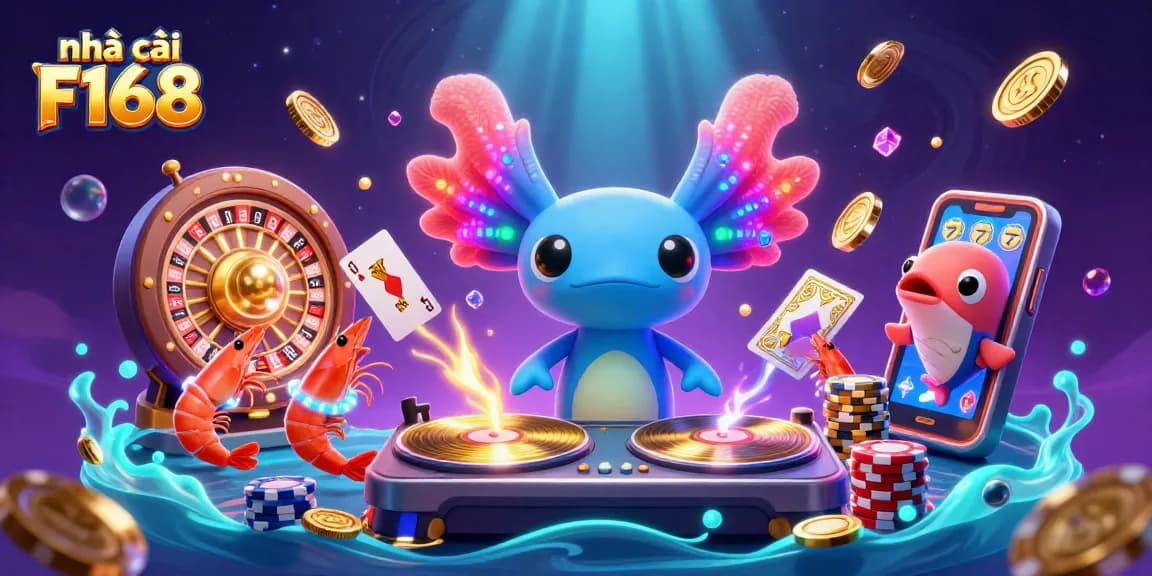 Play thrilling games at nhà cái F168 with a vibrant underwater casino scene featuring colorful characters and elements.