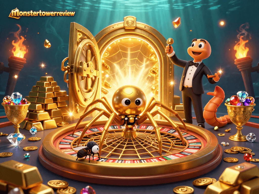 Place bets at monstertowerreview while a playful spider spins a roulette web amidst treasures.