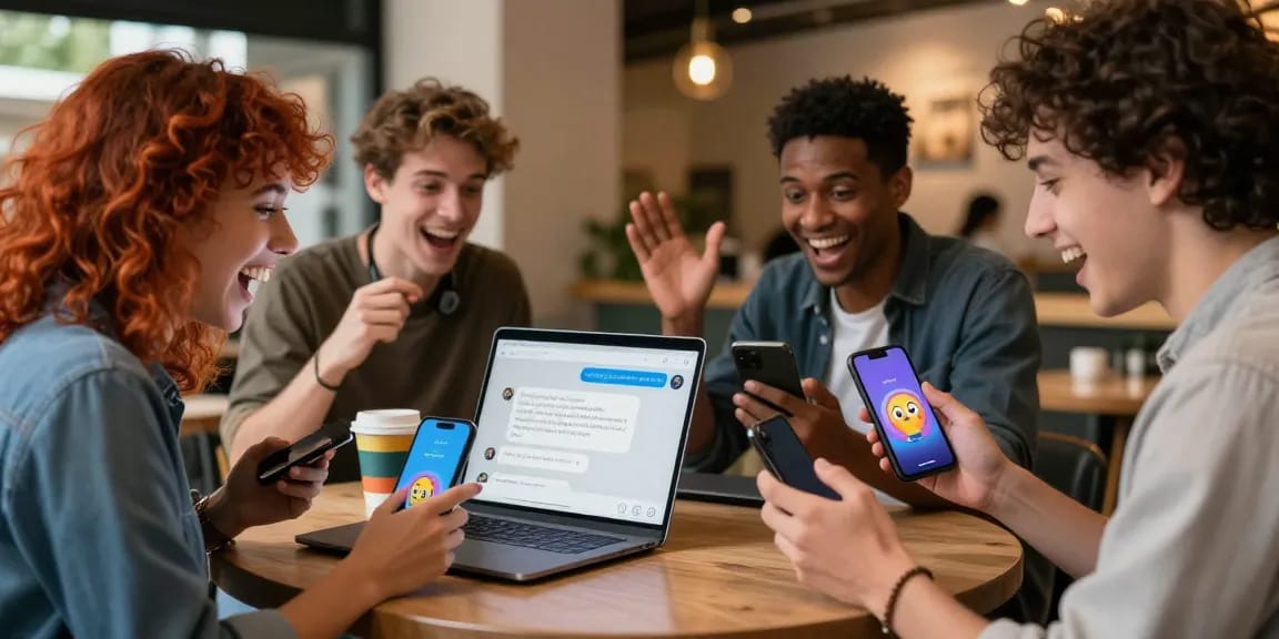 Engaging scene of friends enjoying lively conversations with hot chat AI on their smartphones in a modern cafe.