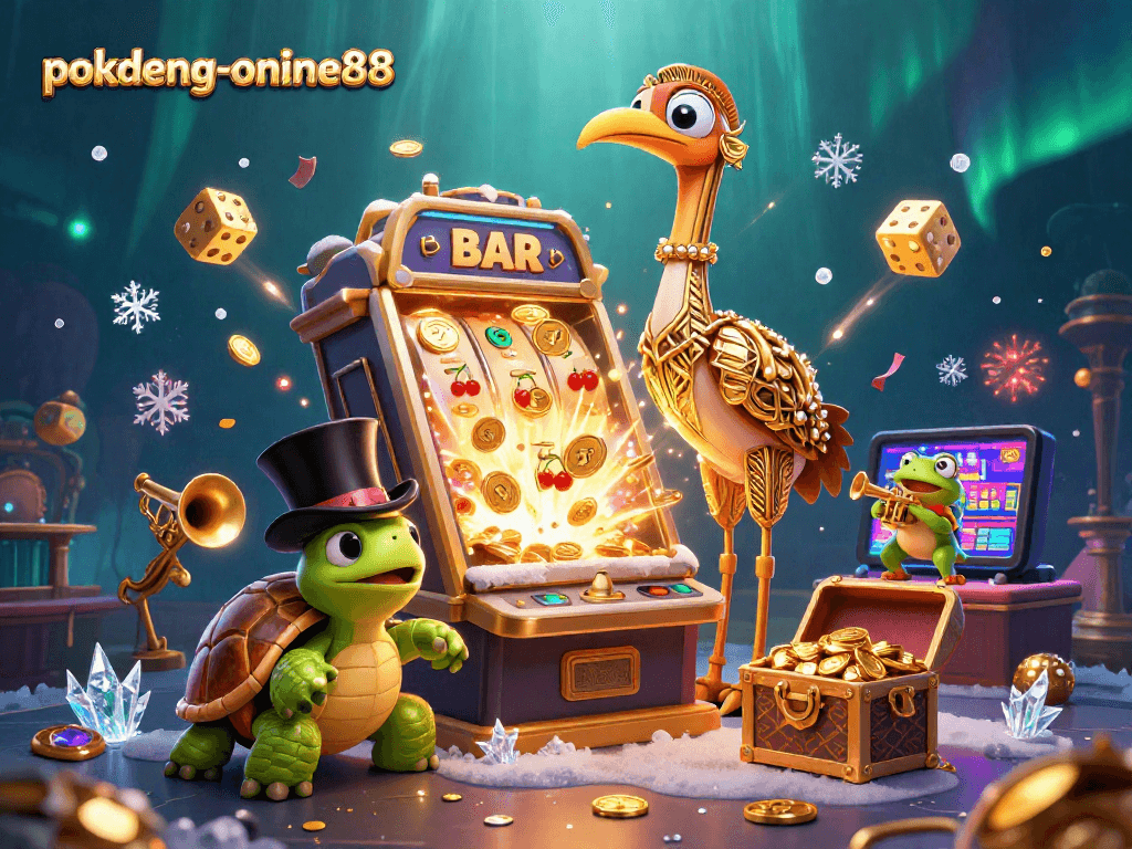 Unleash winning strategies at pokdeng-online88 with a vibrant 3D casino scene featuring characters and gambling elements.