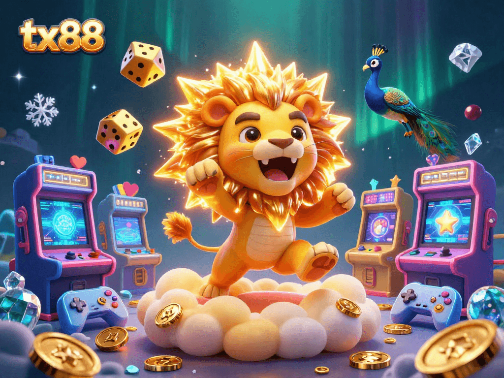 Play with tx88 in a vibrant casino scene featuring a roaring sun lion and dazzling game elements.