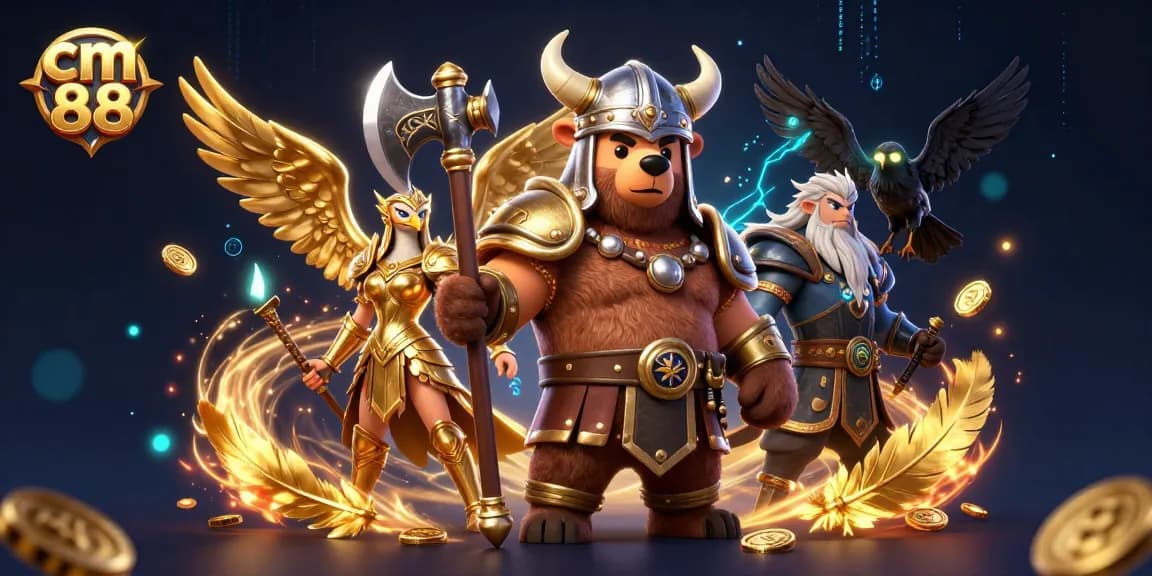 Engage in thrilling gameplay at cm 88 with a Viking bear and Valkyrie eagle amidst vibrant casino elements.