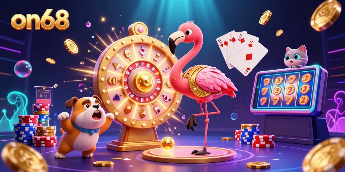 Spin the prize wheel with on68 in this dynamic casino illustration featuring various gaming elements.