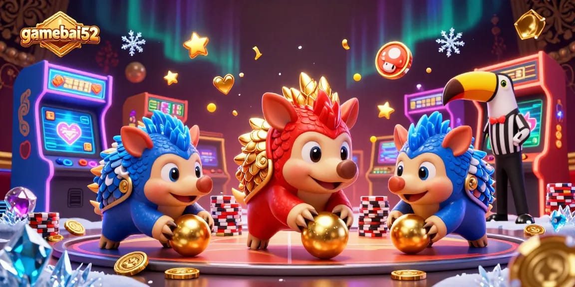 Gamebai52 showcases a vibrant 3D scene with rival pangolins and dynamic casino elements.