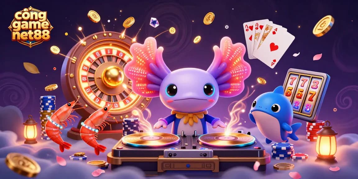 Experience exciting gameplay at cổng game net88 with a vibrant 3D casino scene featuring axolotl DJ and underwater fun.