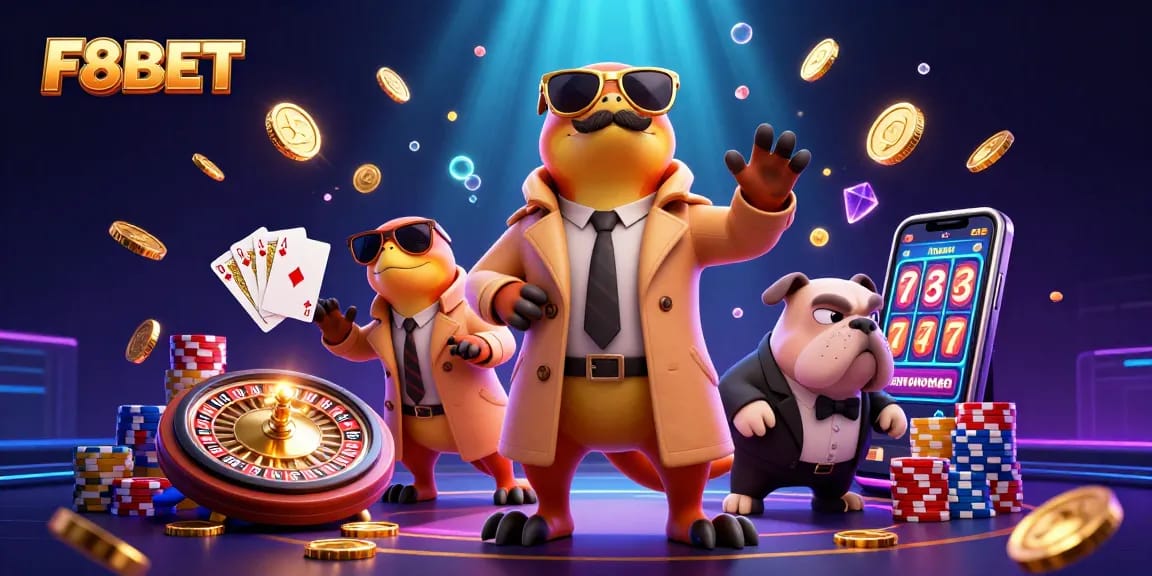 F8BET raptors humorously attempting VIP casino entrance, showcasing excitement in gambling.