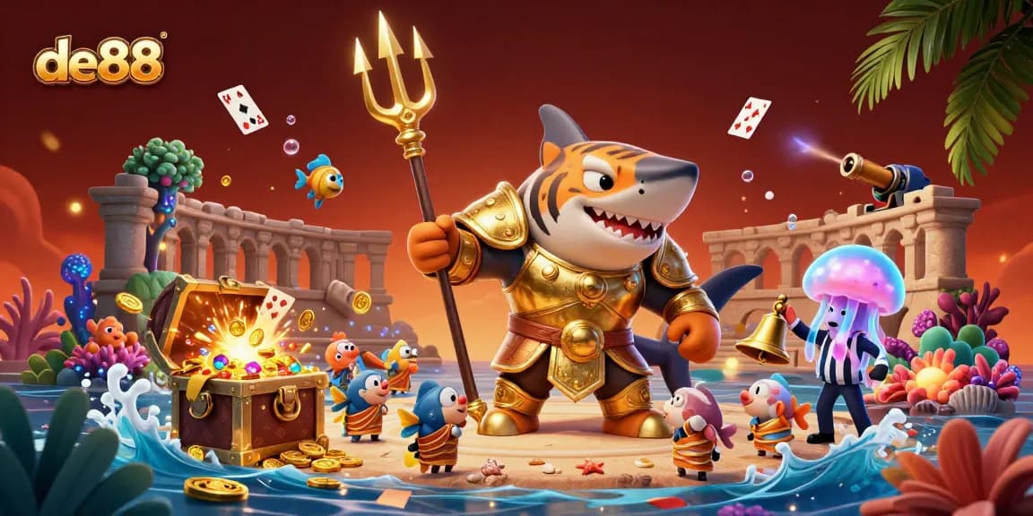 Experience winning with de88 in this vibrant underwater casino scene featuring games and treasures.
